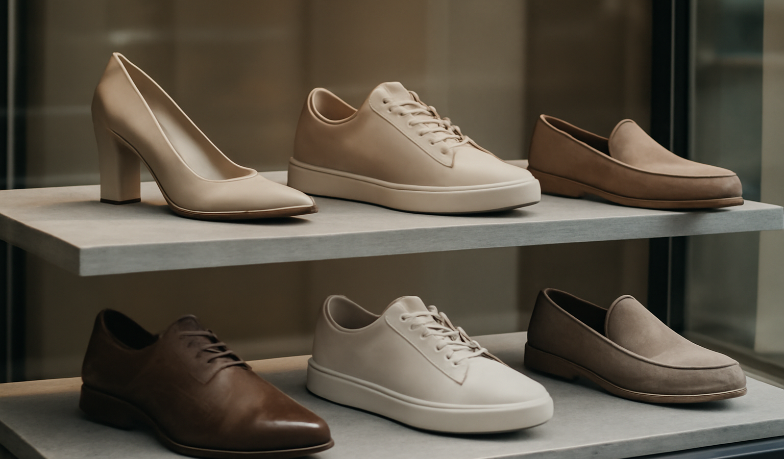 vitrine mêlant chaussures design et formes confortables