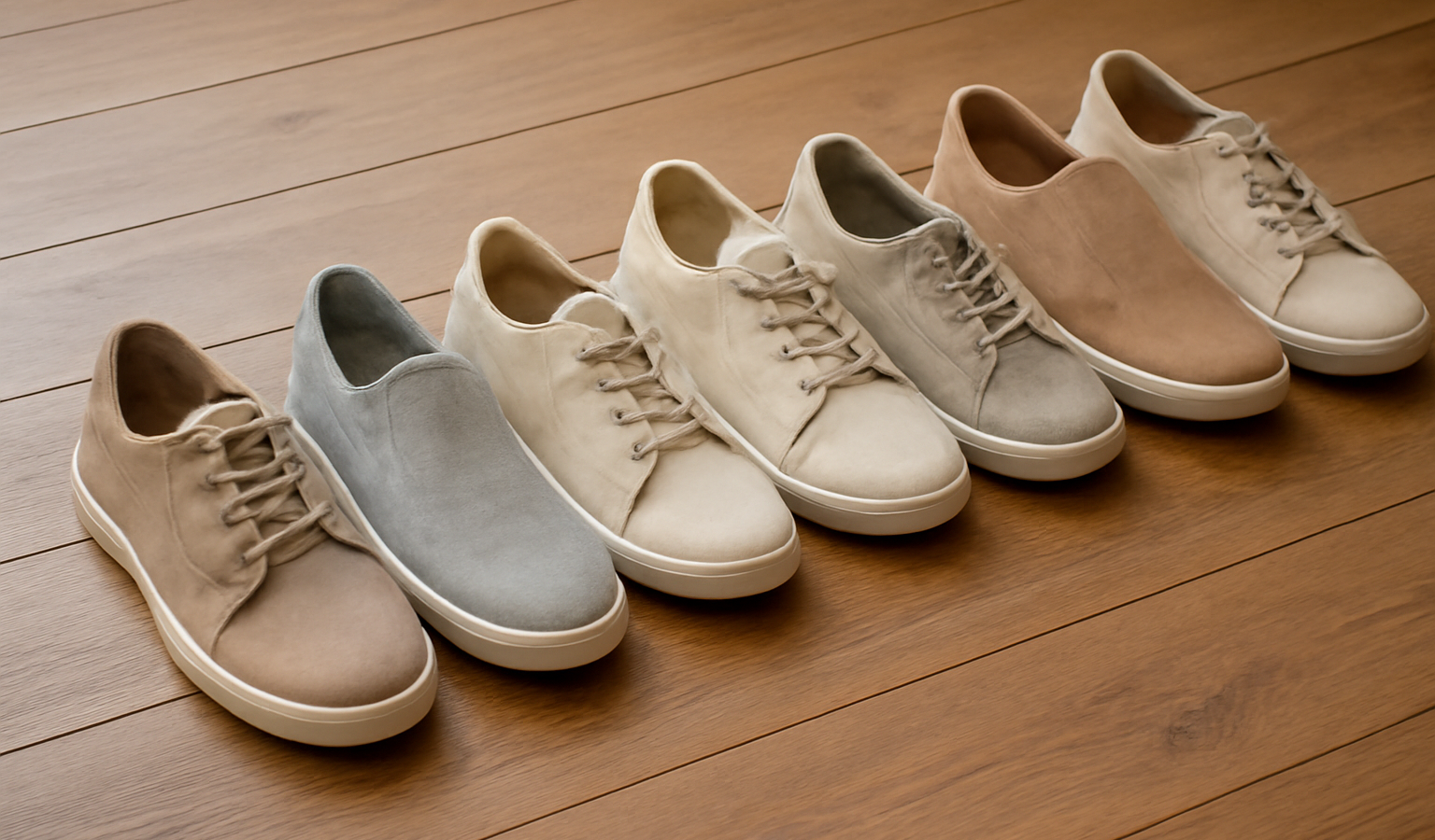 chaussures légères alignées sur plancher en bois