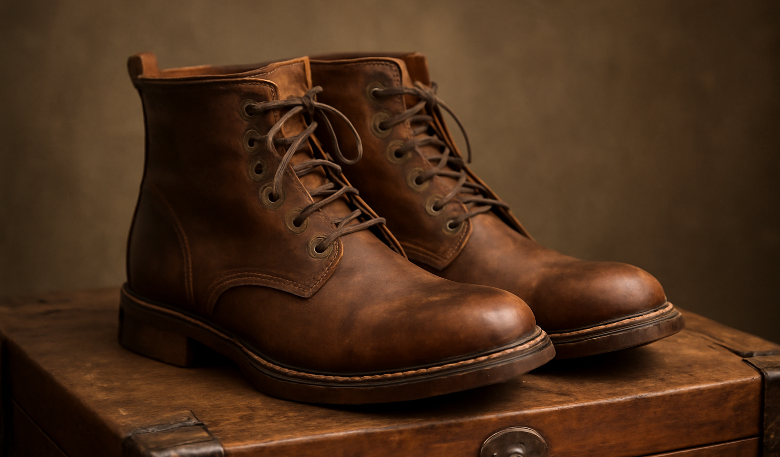 paire de bottines rustiques posée sur coffre