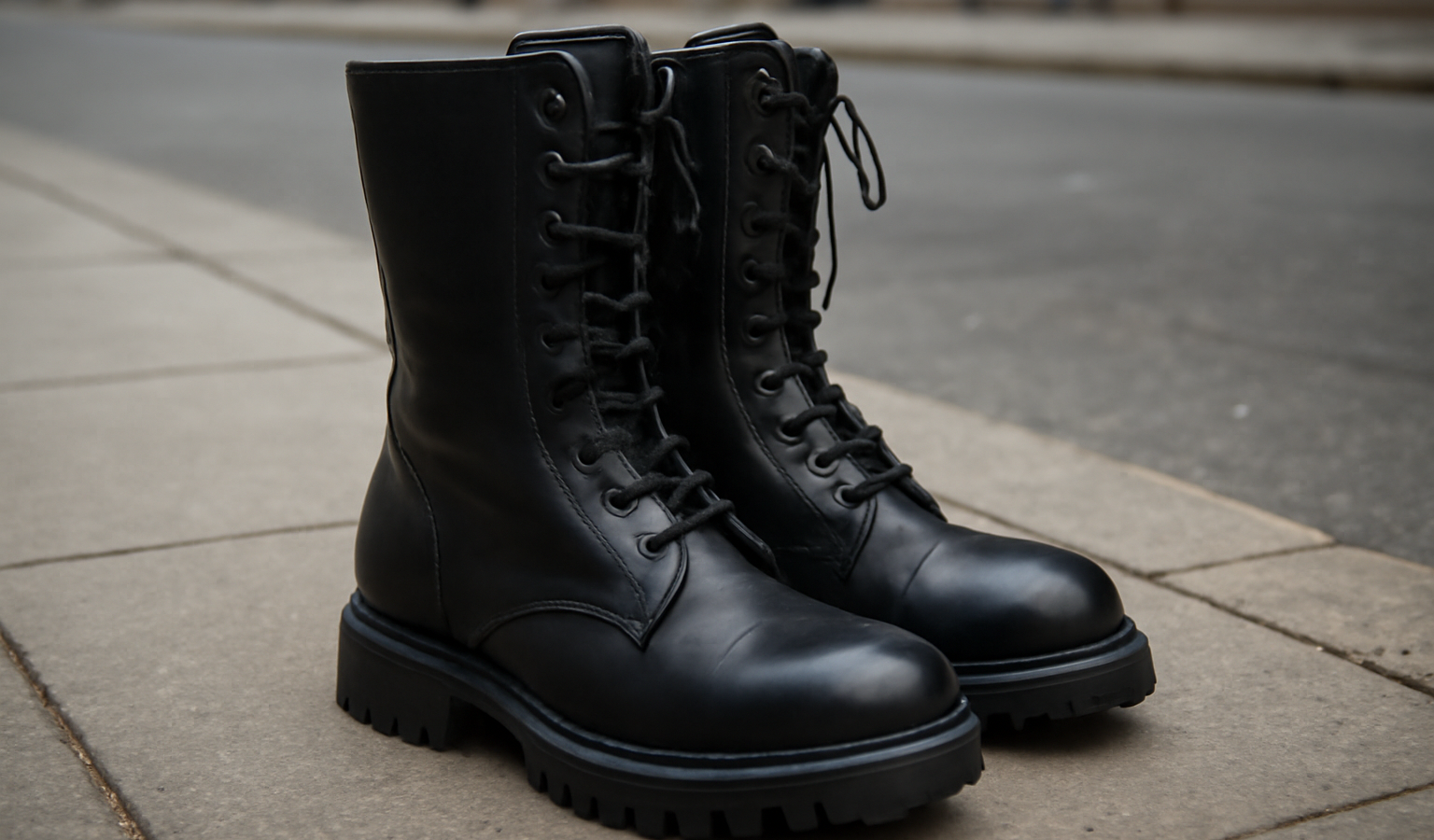 bottes montantes posees sur trottoir urbain