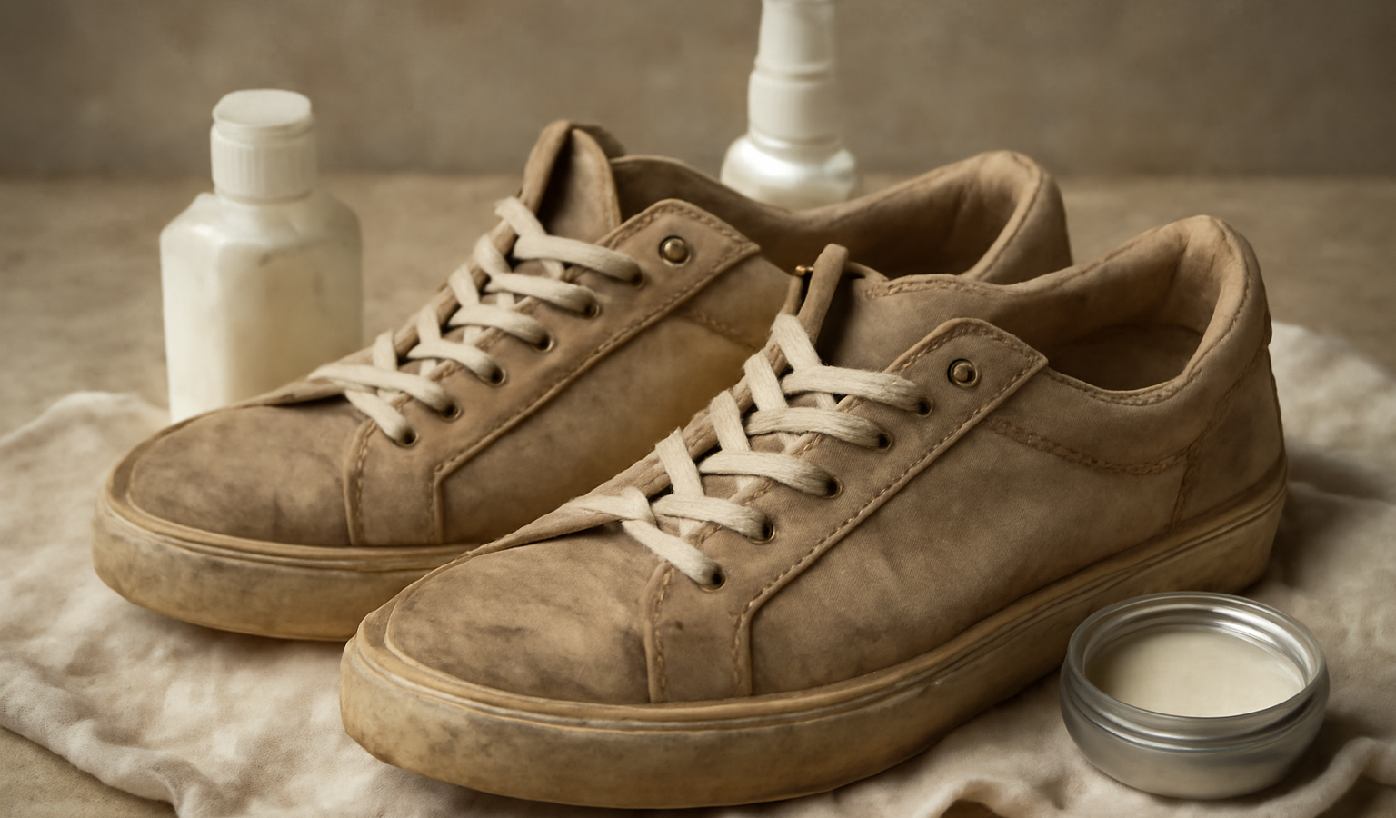 chaussures patinées posées sur chiffons et produits
