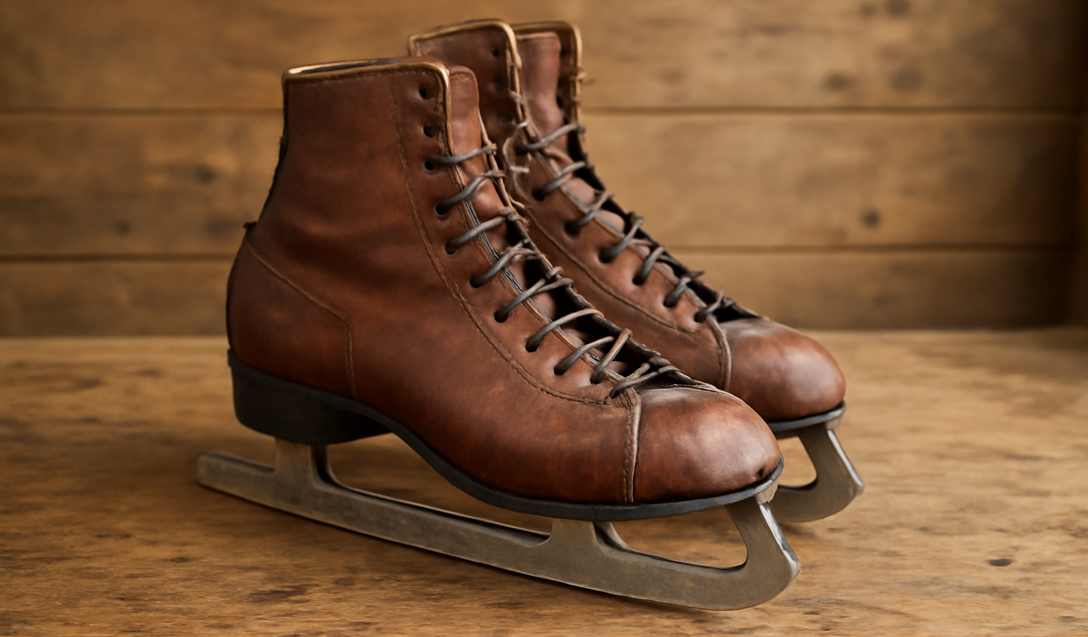 souliers patinés posés sur établi en bois