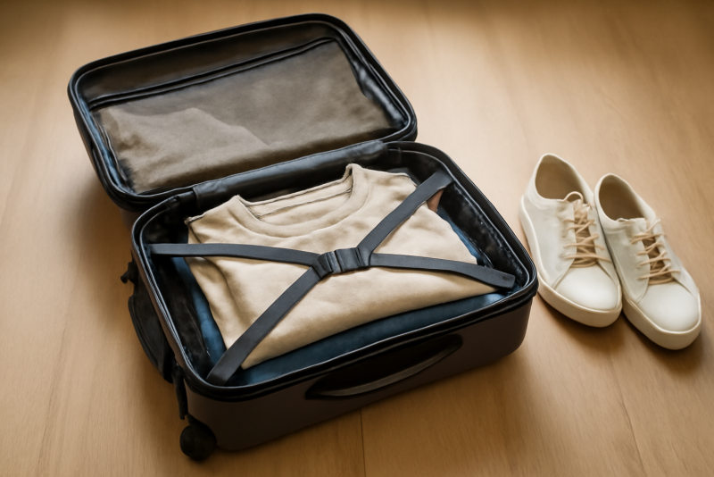 valise ouverte à côté de chaussures légères