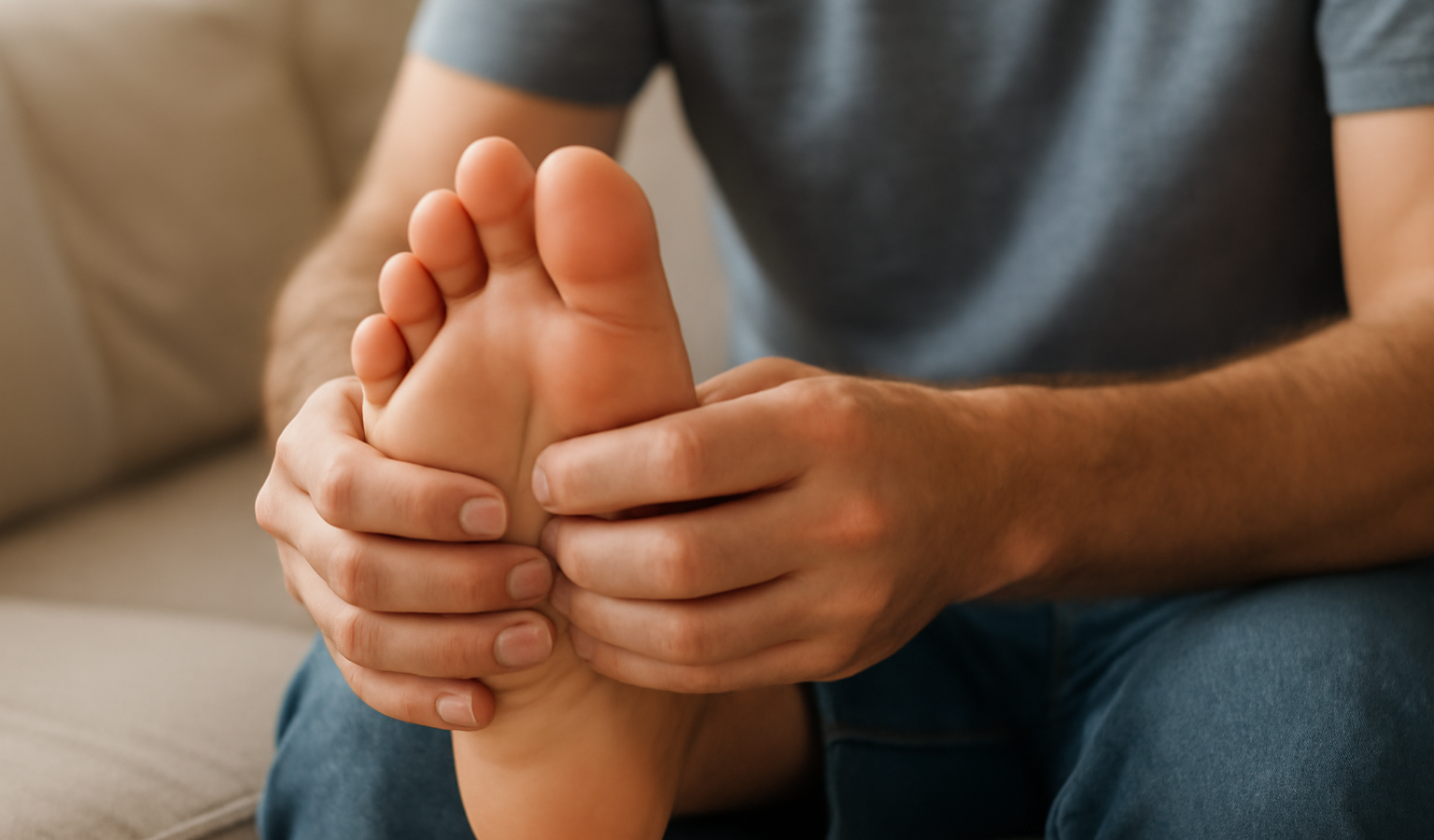 mains massant la plante du pied assis