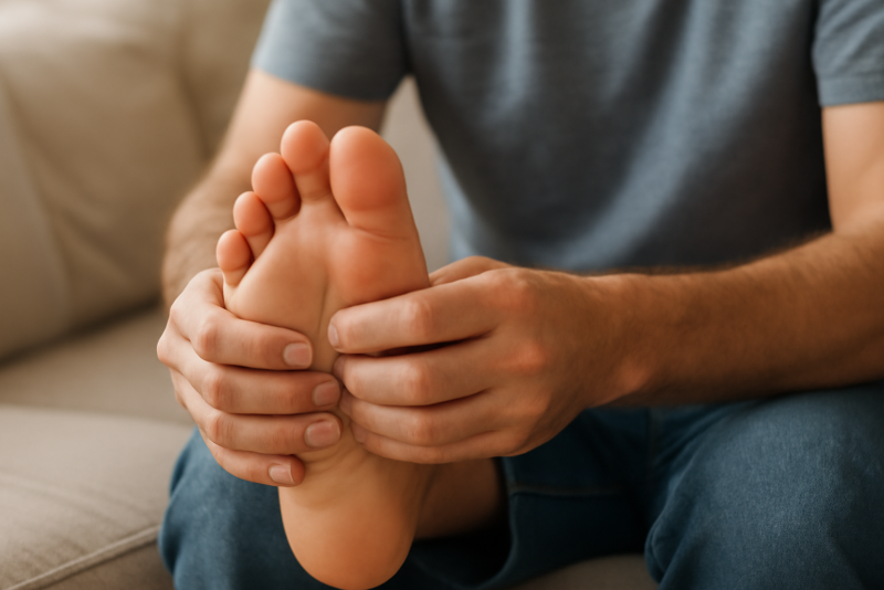 mains massant la plante du pied assis