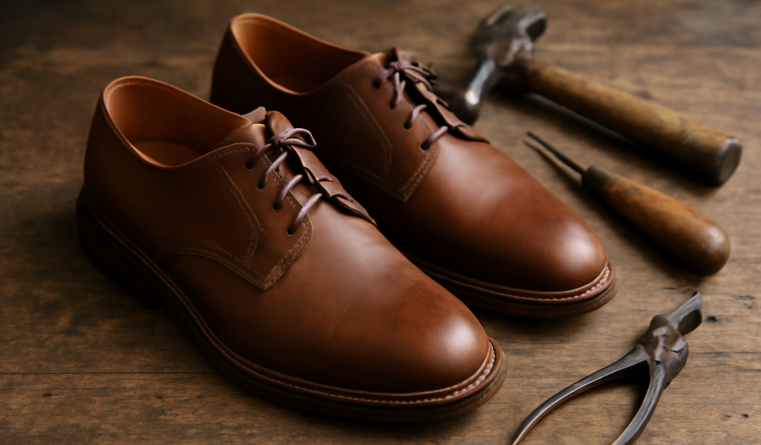 chaussures artisanales posées près d'outil
