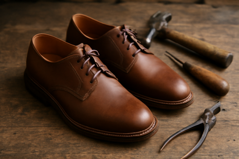 chaussures artisanales posées près d'outil
