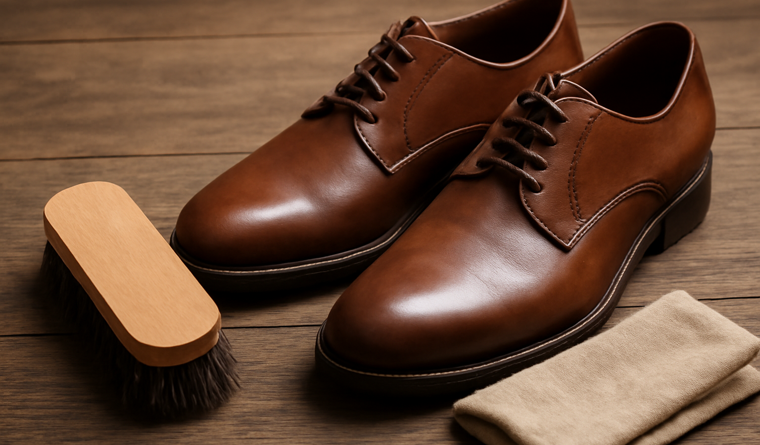 brosse et chiffon près de chaussures en cuir