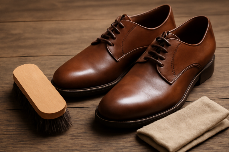 brosse et chiffon près de chaussures en cuir