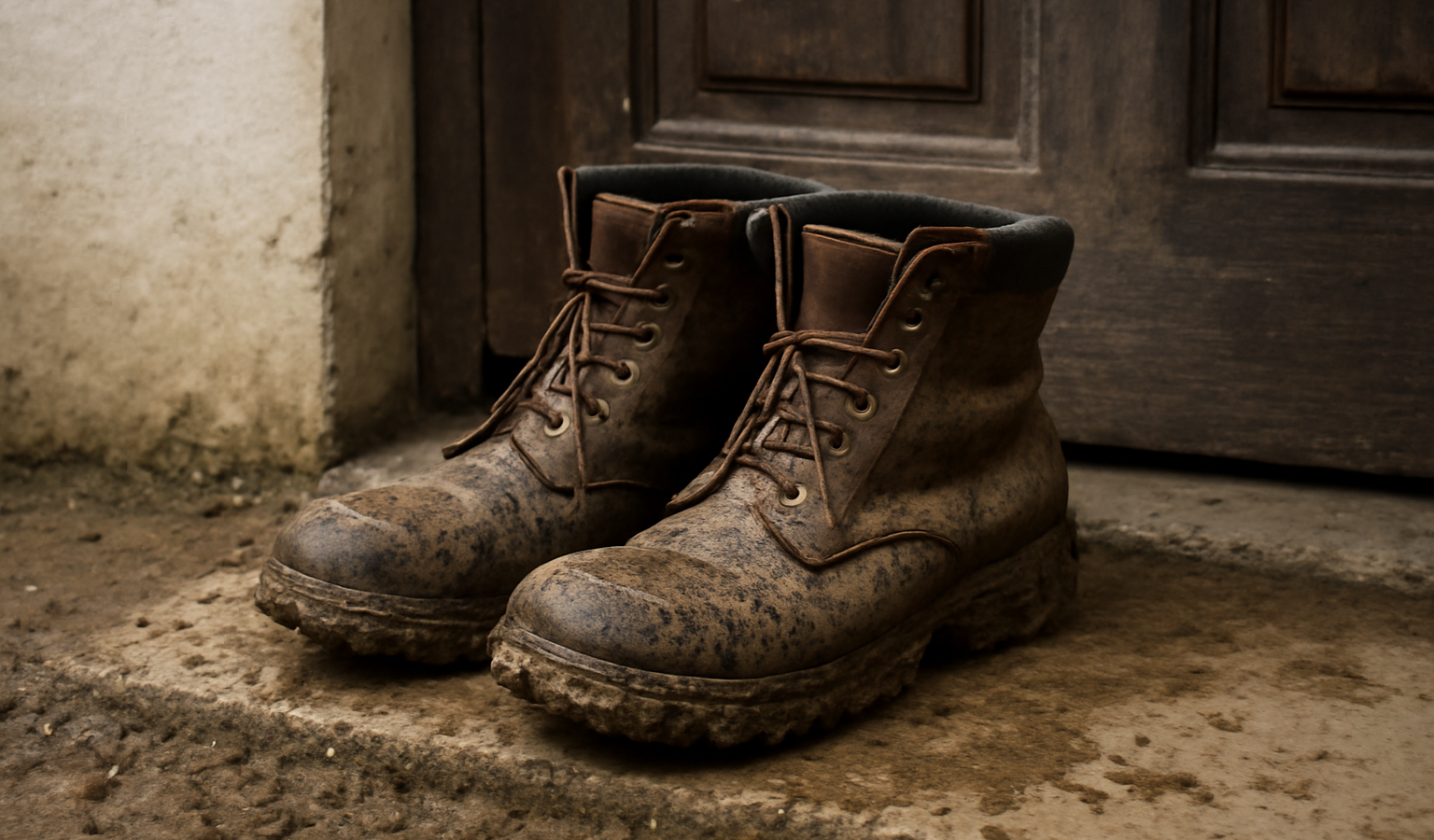 bottes éclaboussées de boue posées près d'une porte
