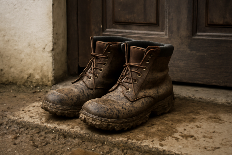 bottes éclaboussées de boue posées près d'une porte