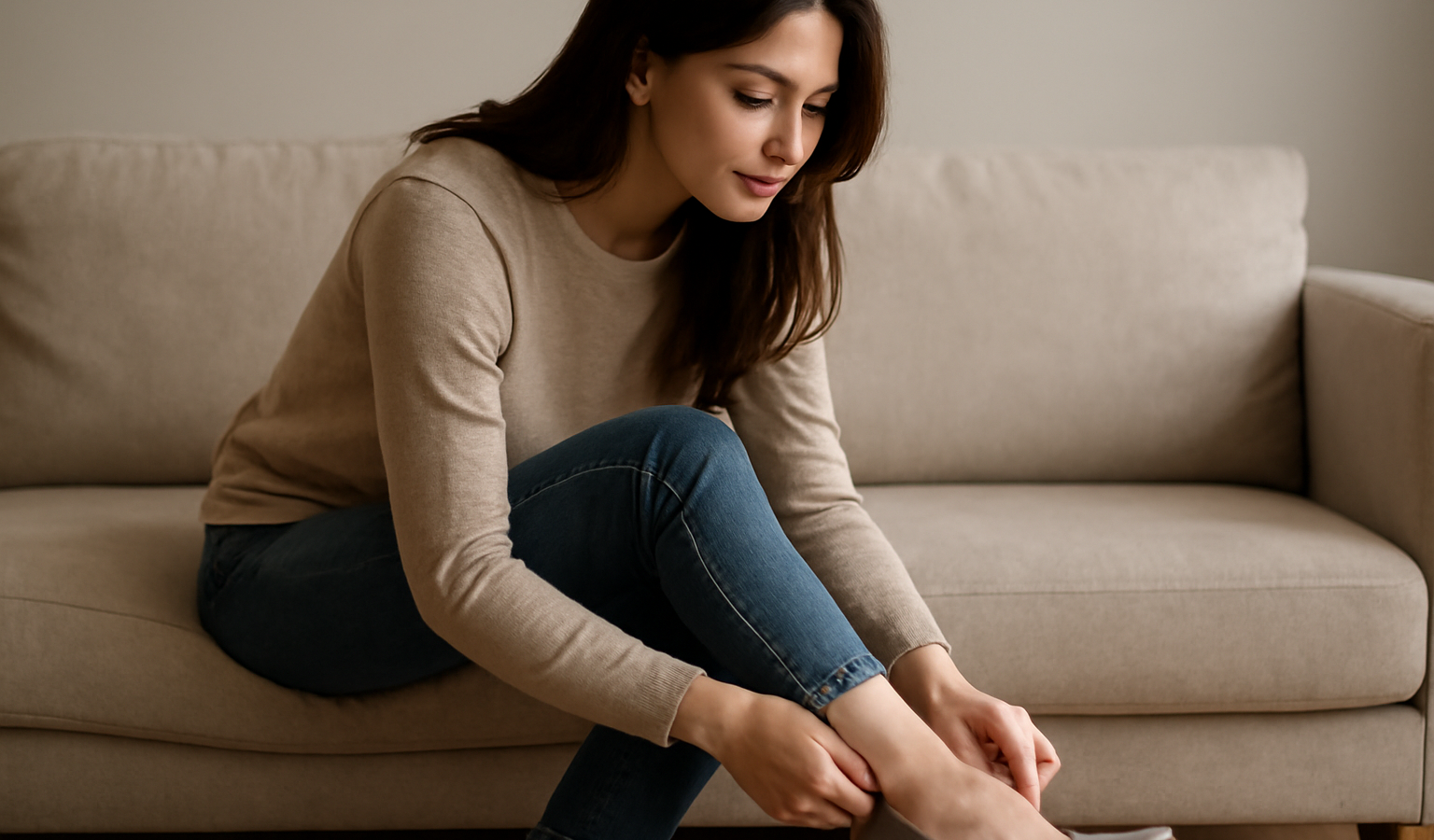 femme assise ajustant une chaussure