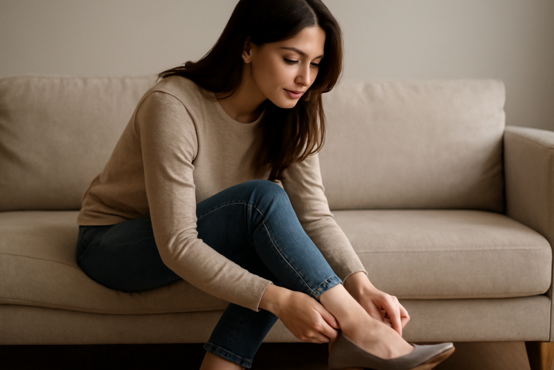 femme assise ajustant une chaussure