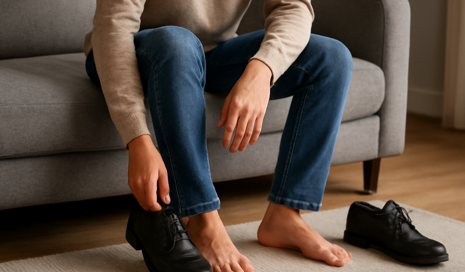 personne assise retirant chaussures apres journée
