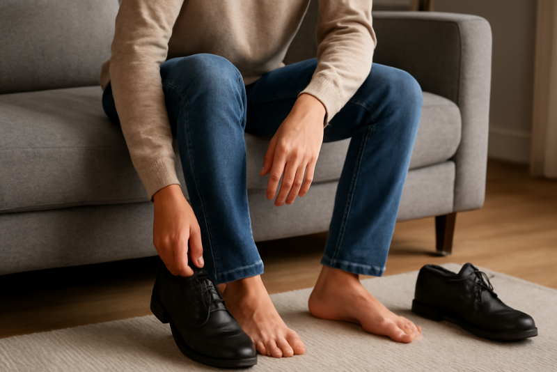 personne assise retirant chaussures apres journée