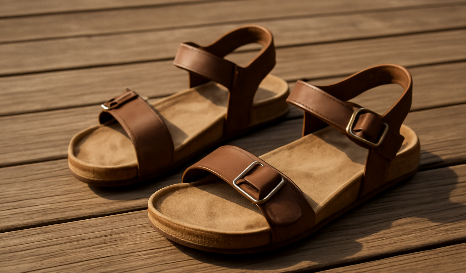 paire de sandales posees sur terrasse en bois