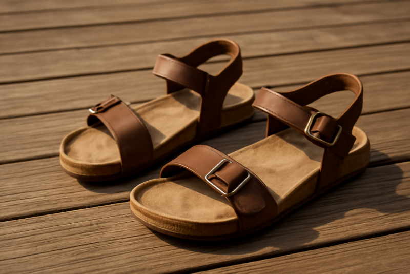 paire de sandales posees sur terrasse en bois