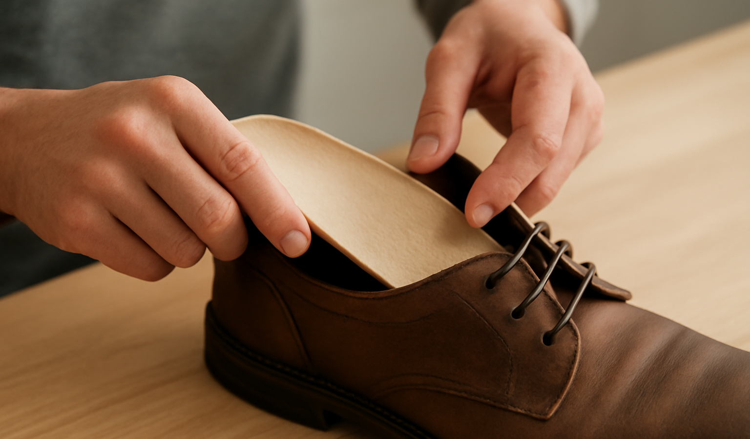 mains insérant une semelle intérieure dans chaussure