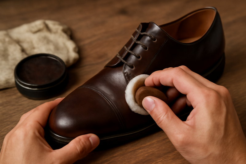mains cirant des chaussures en cuir