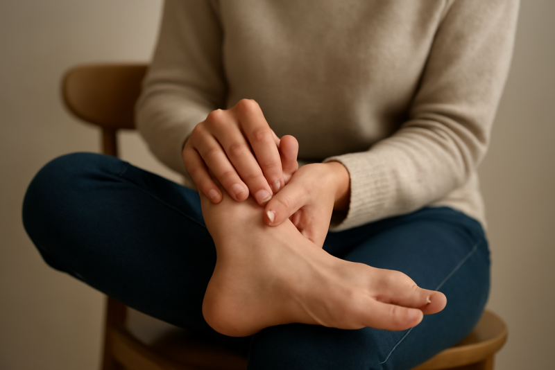 personne massant l'avant-pied assise sur chaise