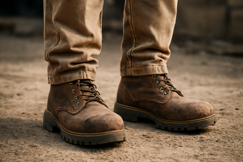 travailleur debout portant chaussures robustes