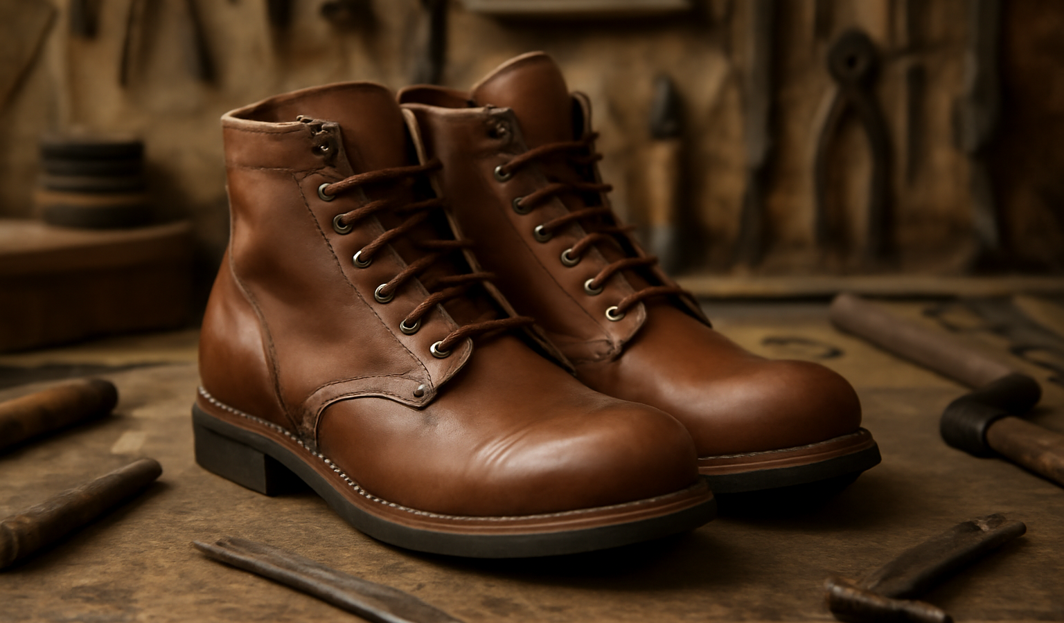 bottes en cuir posées sur établi de réparation