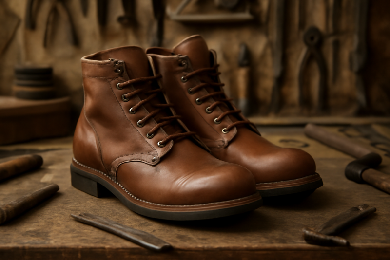 bottes en cuir posées sur établi de réparation