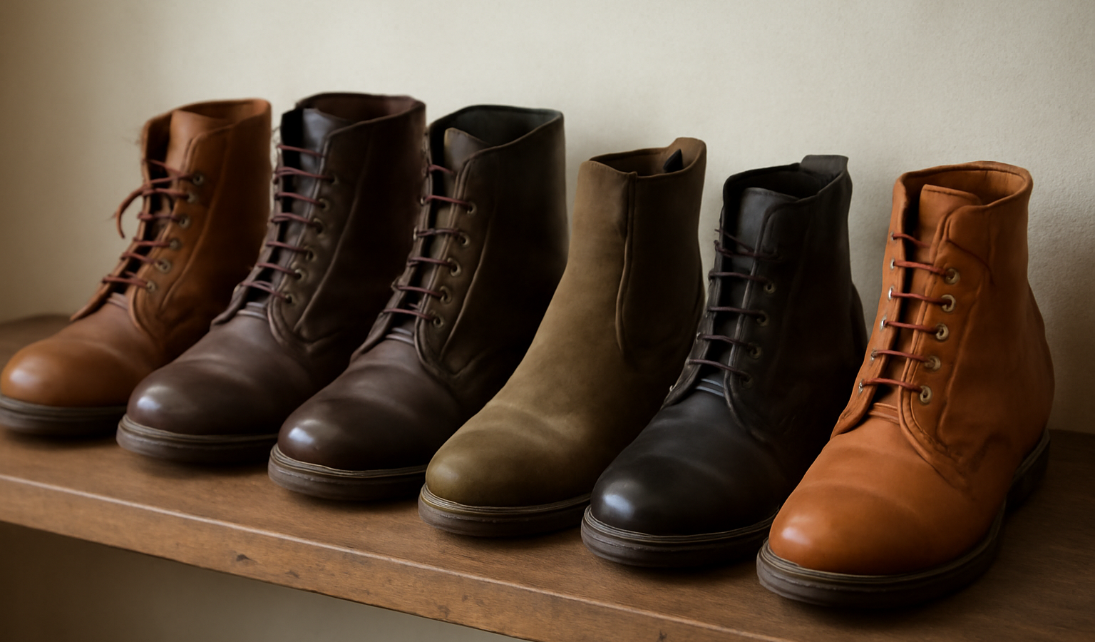 rangée de bottes variées sur étagère