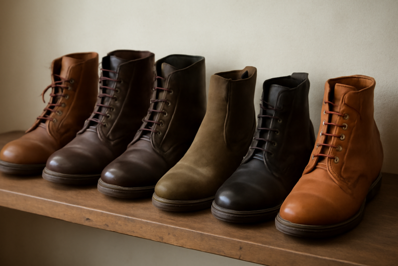 rangée de bottes variées sur étagère