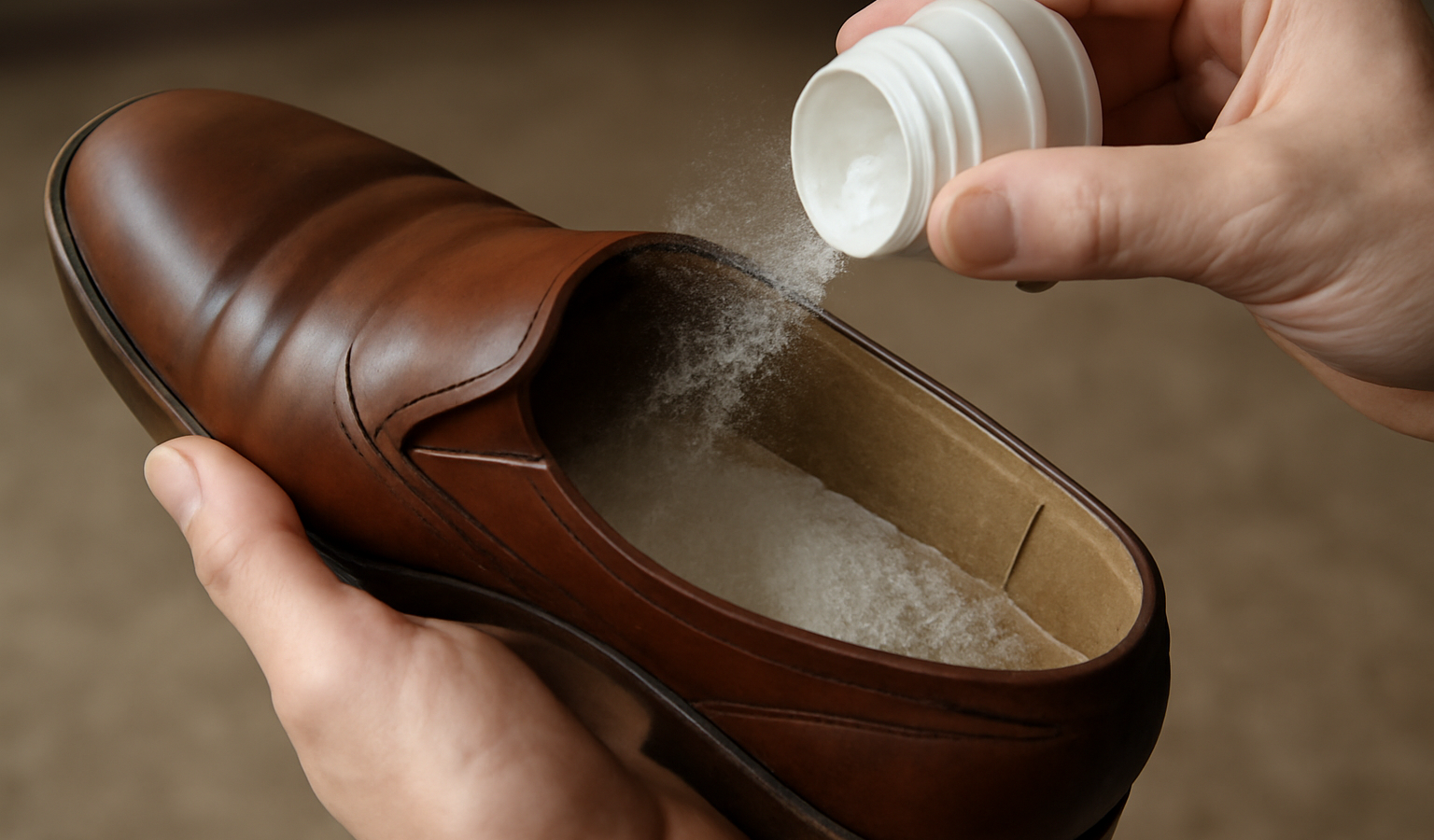 mains saupoudrant poudre à l'intérieur d'une chaussure