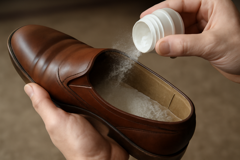 mains saupoudrant poudre à l'intérieur d'une chaussure