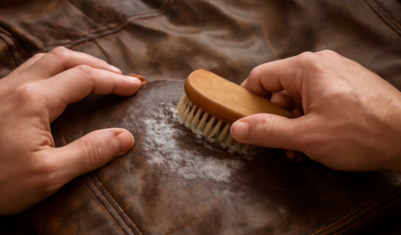 mains nettoyant cuir usé avec brosse