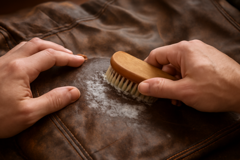 mains nettoyant cuir usé avec brosse