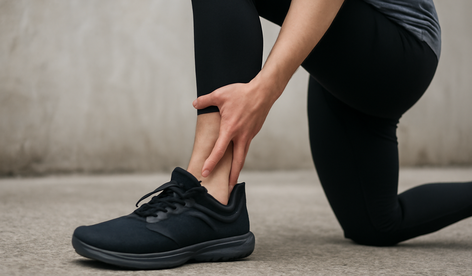 personne étirant mollet avec chaussure posée à côté