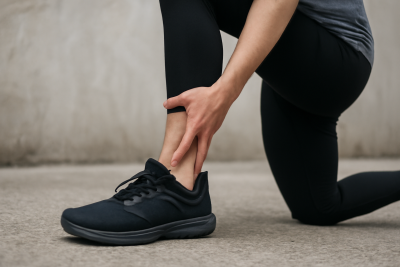 personne étirant mollet avec chaussure posée à côté