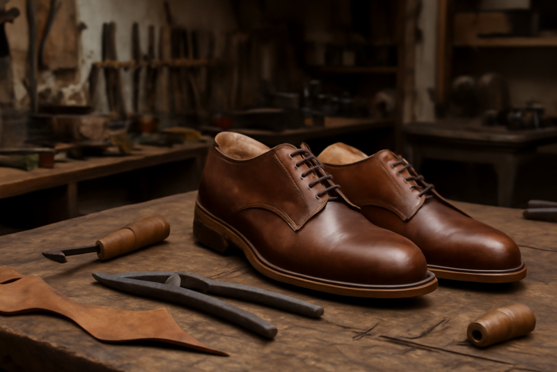 atelier artisanal avec paire de chaussures en cours