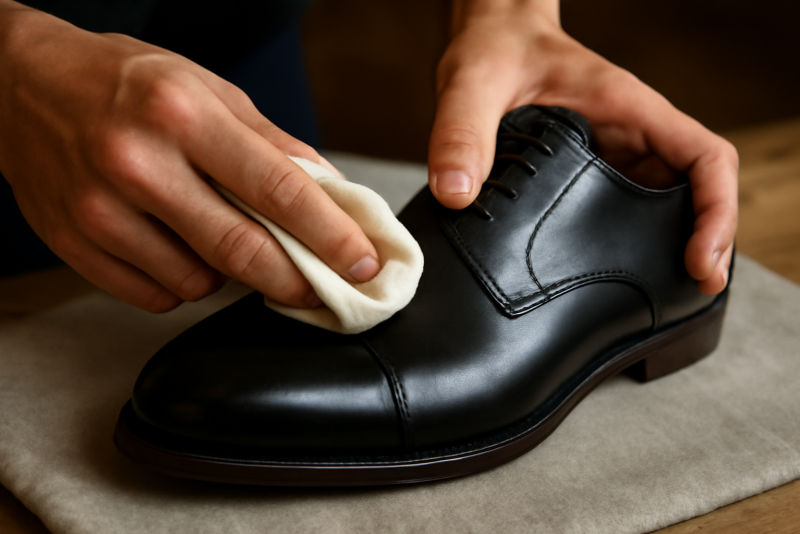 mains cirant une chaussure brillante sur un chiffon
