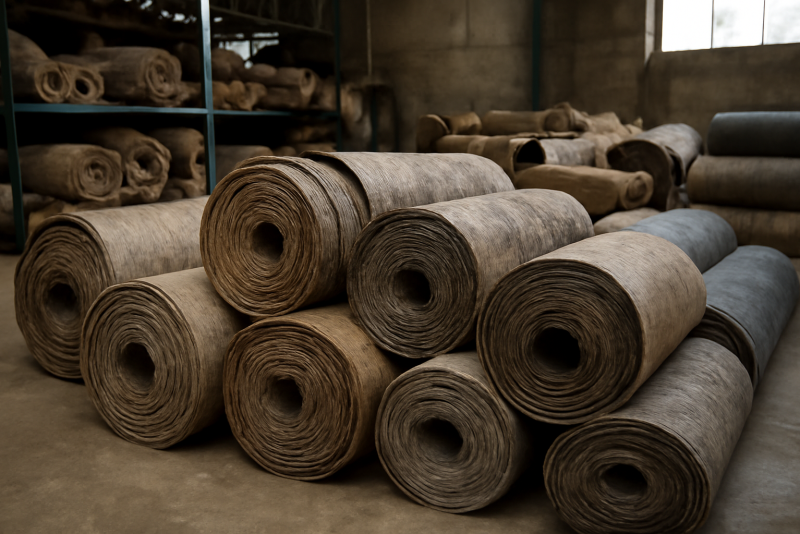 atelier montrant rouleaux de matériaux recyclés