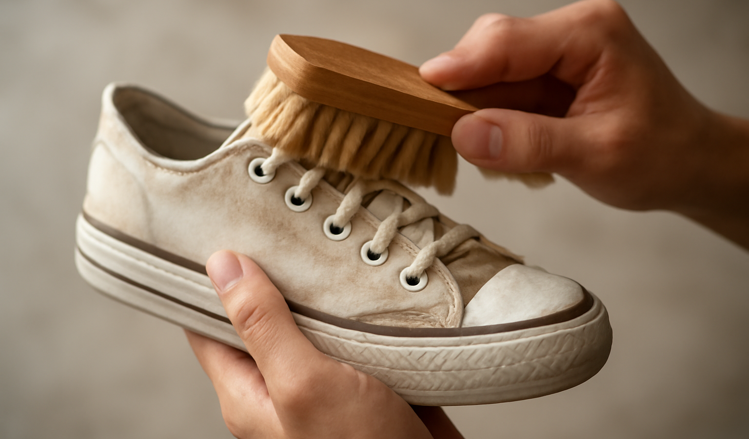 mains brossant la toile d'une sneaker