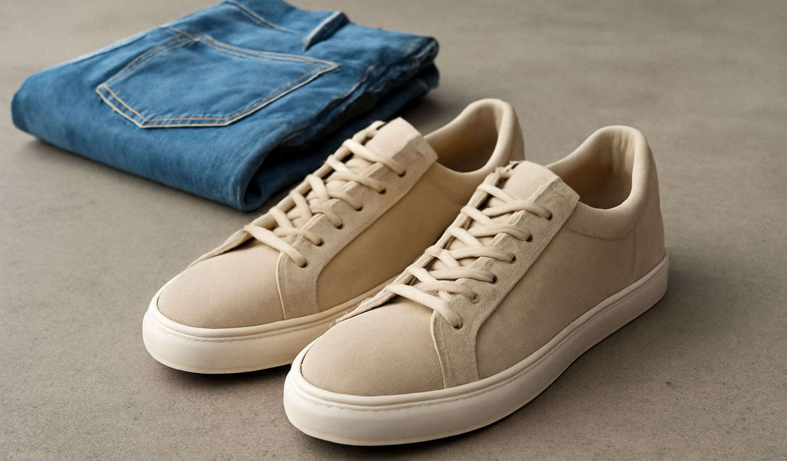 baskets basses posées près d'un jean plié