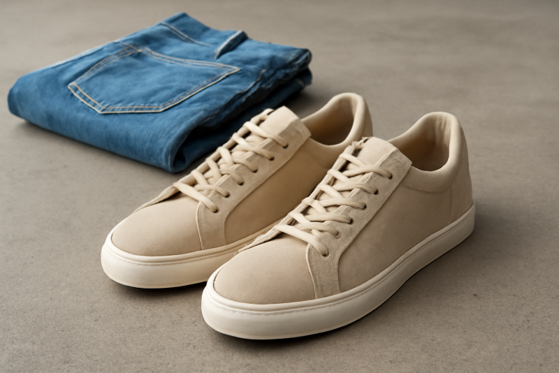 baskets basses posées près d'un jean plié
