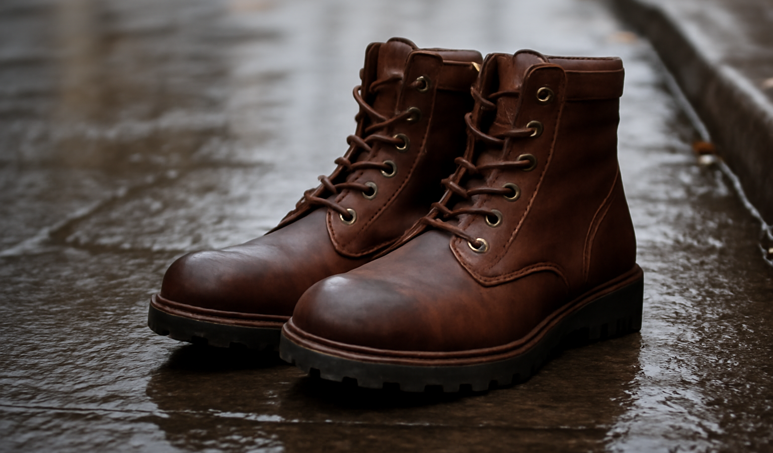 bottines robustes posées sur trottoir humide