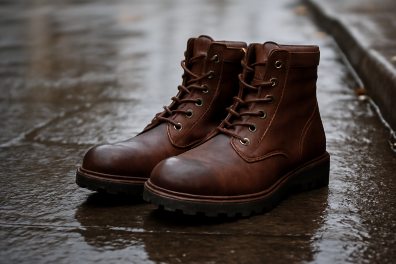 bottines robustes posées sur trottoir humide