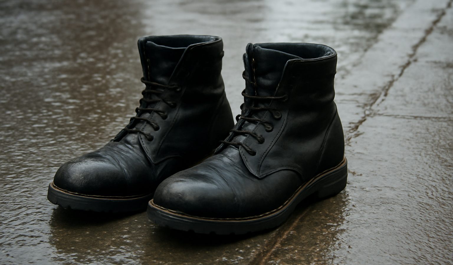 paire de bottes sur trottoir mouillé et froid