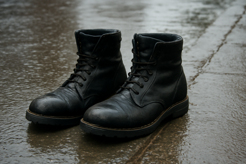 paire de bottes sur trottoir mouillé et froid