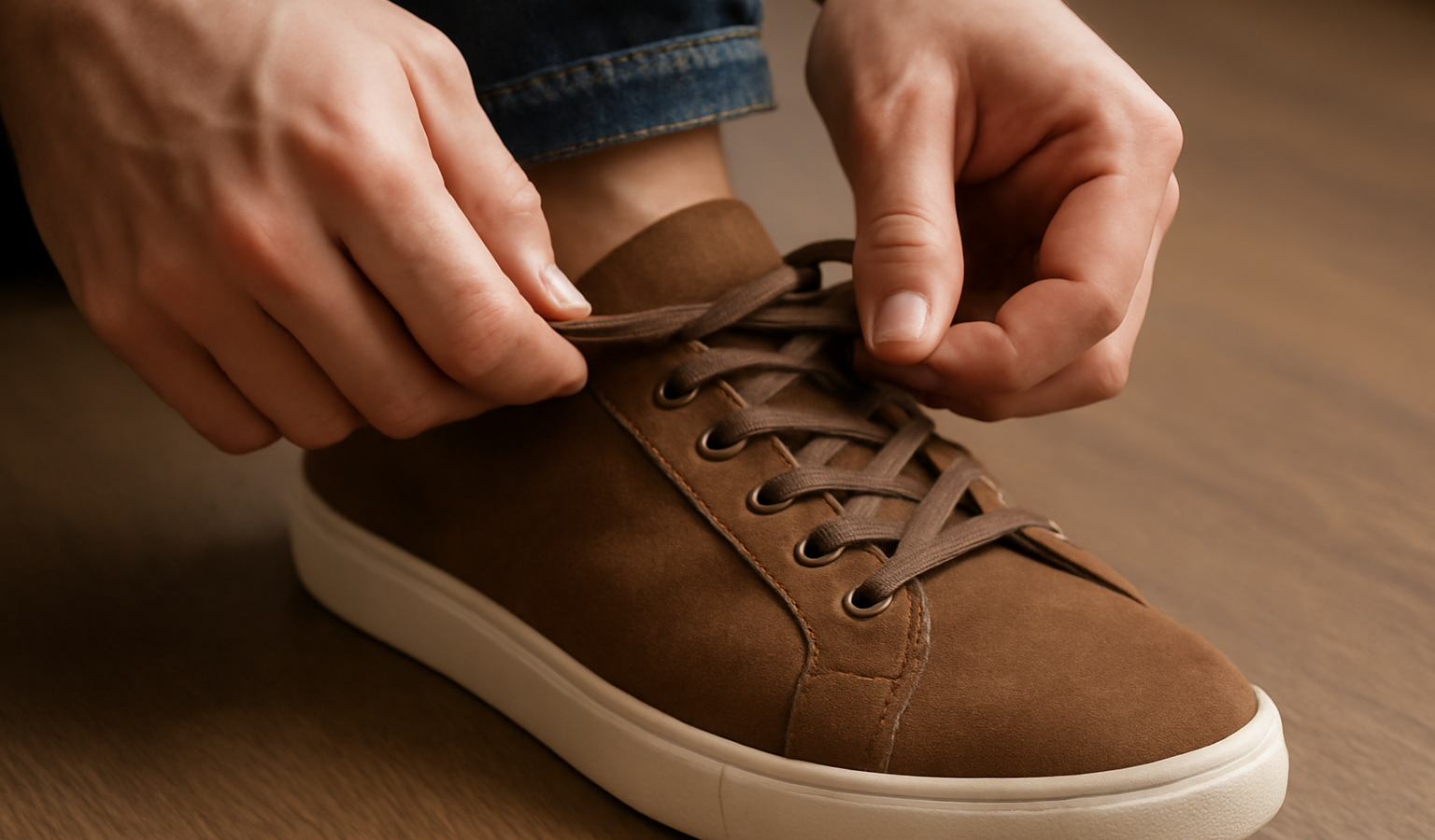 mains ajustant lacets sur paire de chaussures
