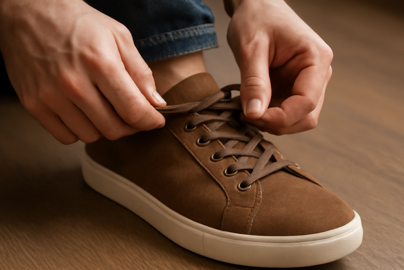 mains ajustant lacets sur paire de chaussures