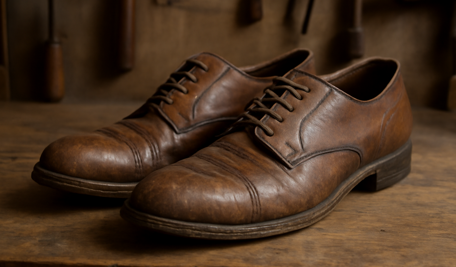 paire de souliers patinés posée sur établi