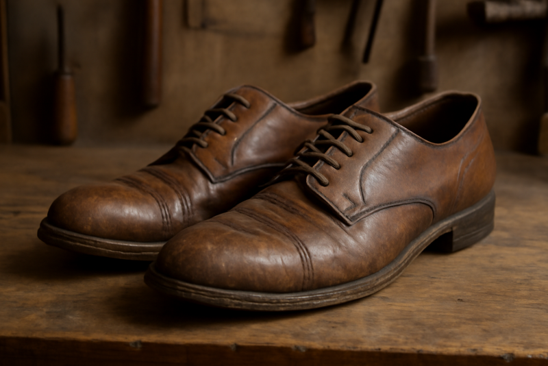 paire de souliers patinés posée sur établi