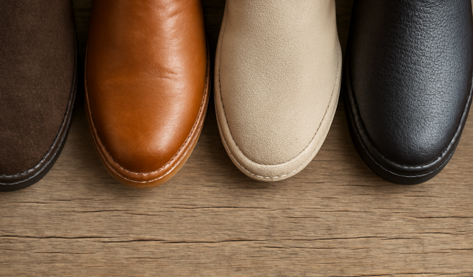 bouts de chaussures en matériaux variés alignés